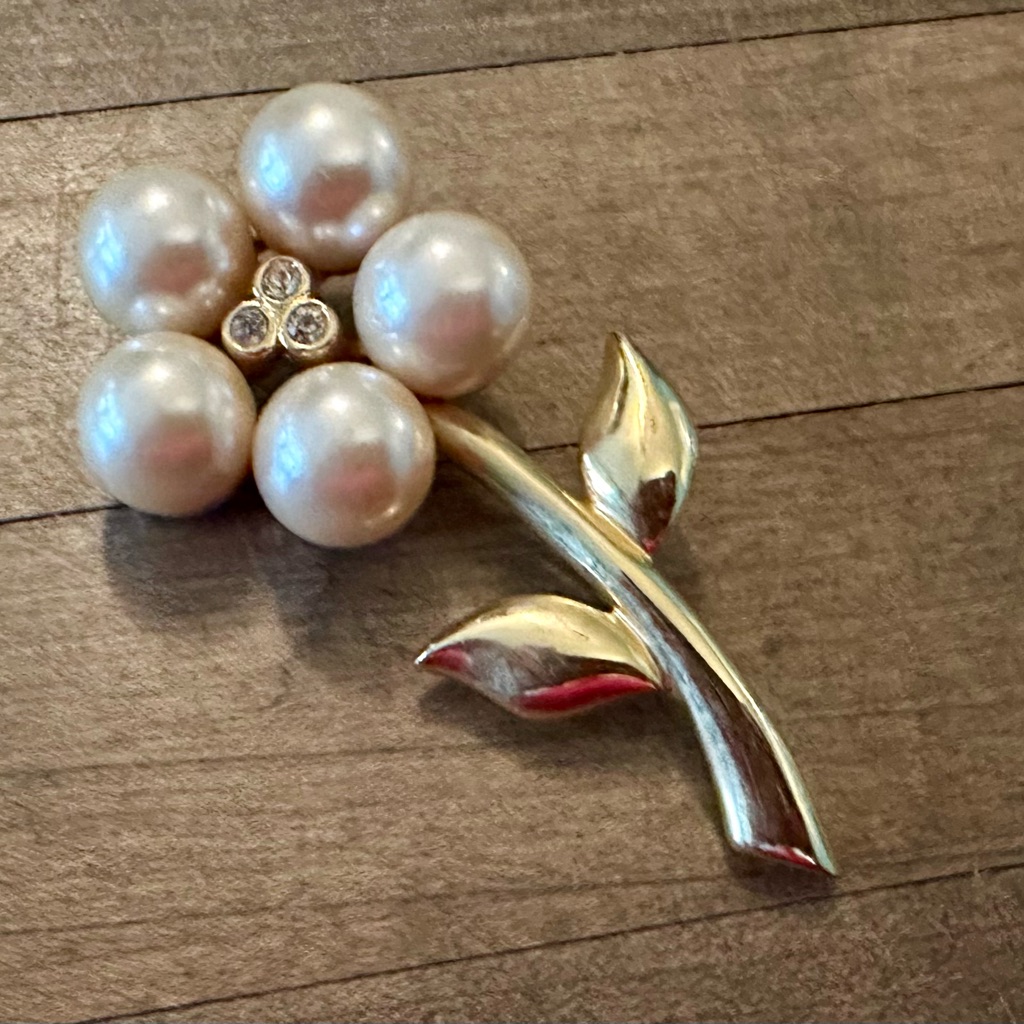 Piscitelli Vintage Faux Pearl & Crystal Flower Brooch Pin